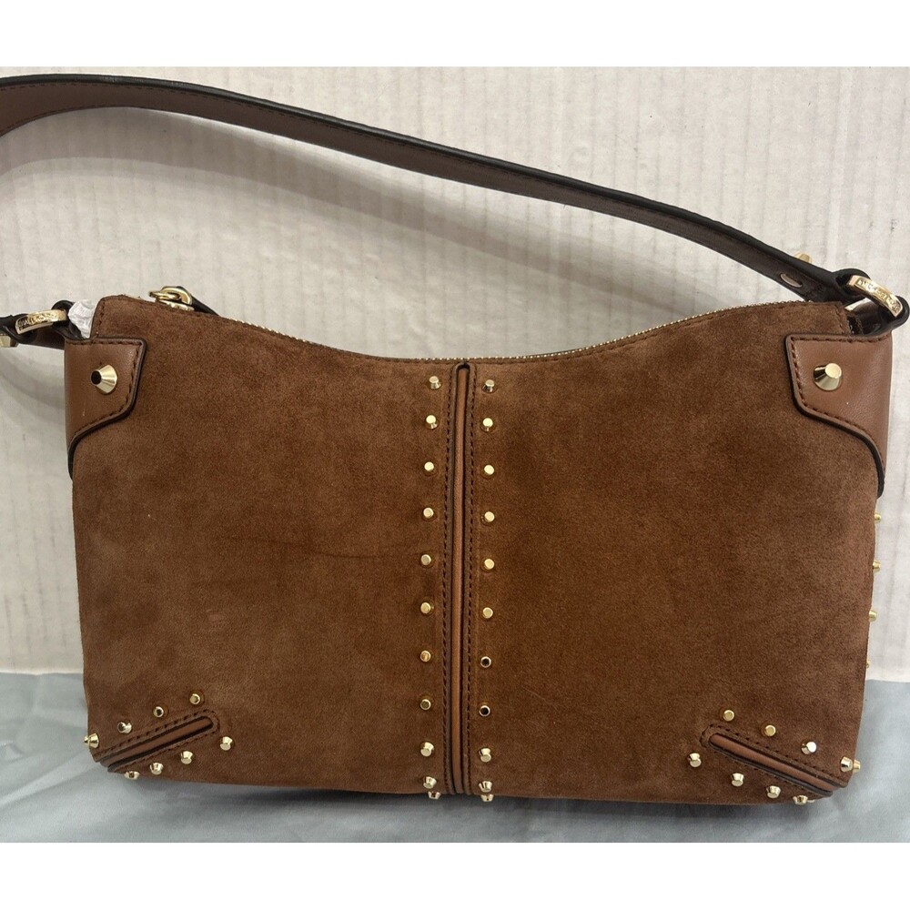 Michael Kors Astor Small Studded Suede Brown Leather Pouchette Shoulder Bag